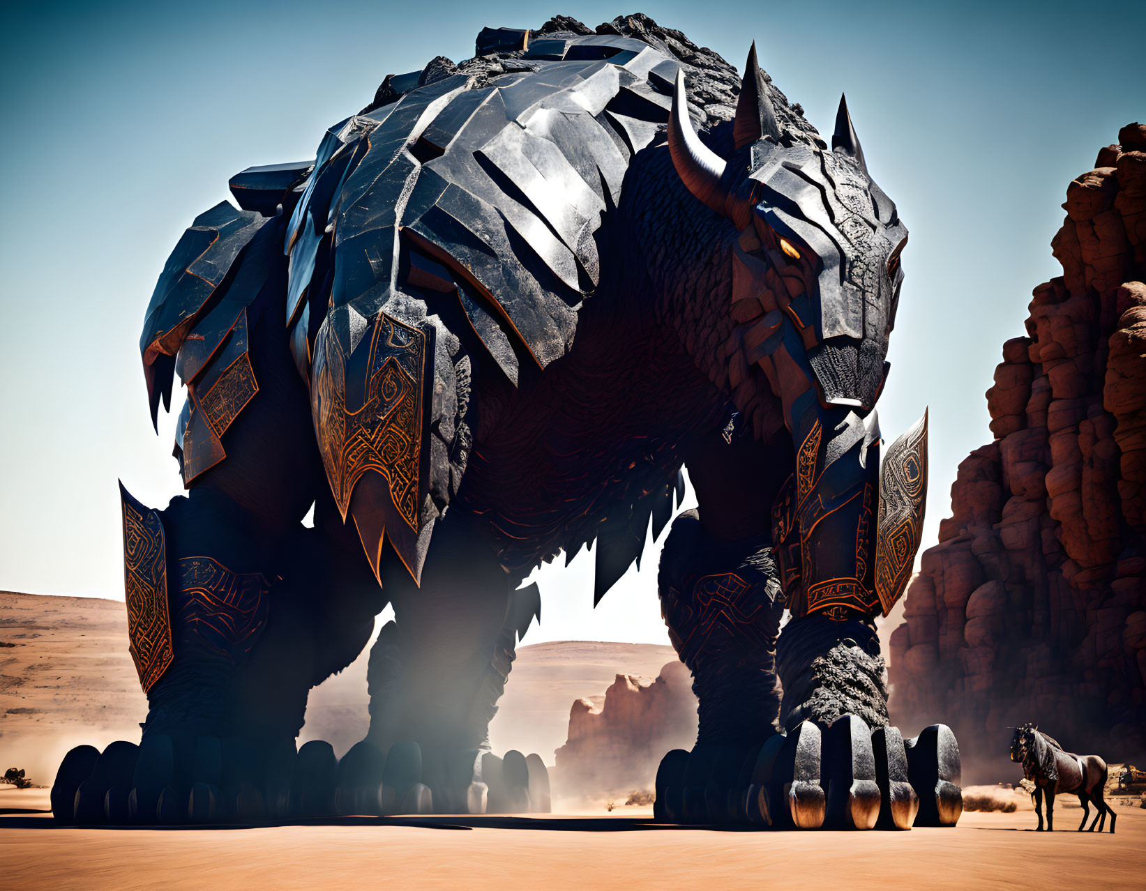 Giant armored elephant creature in desert with giraffe.