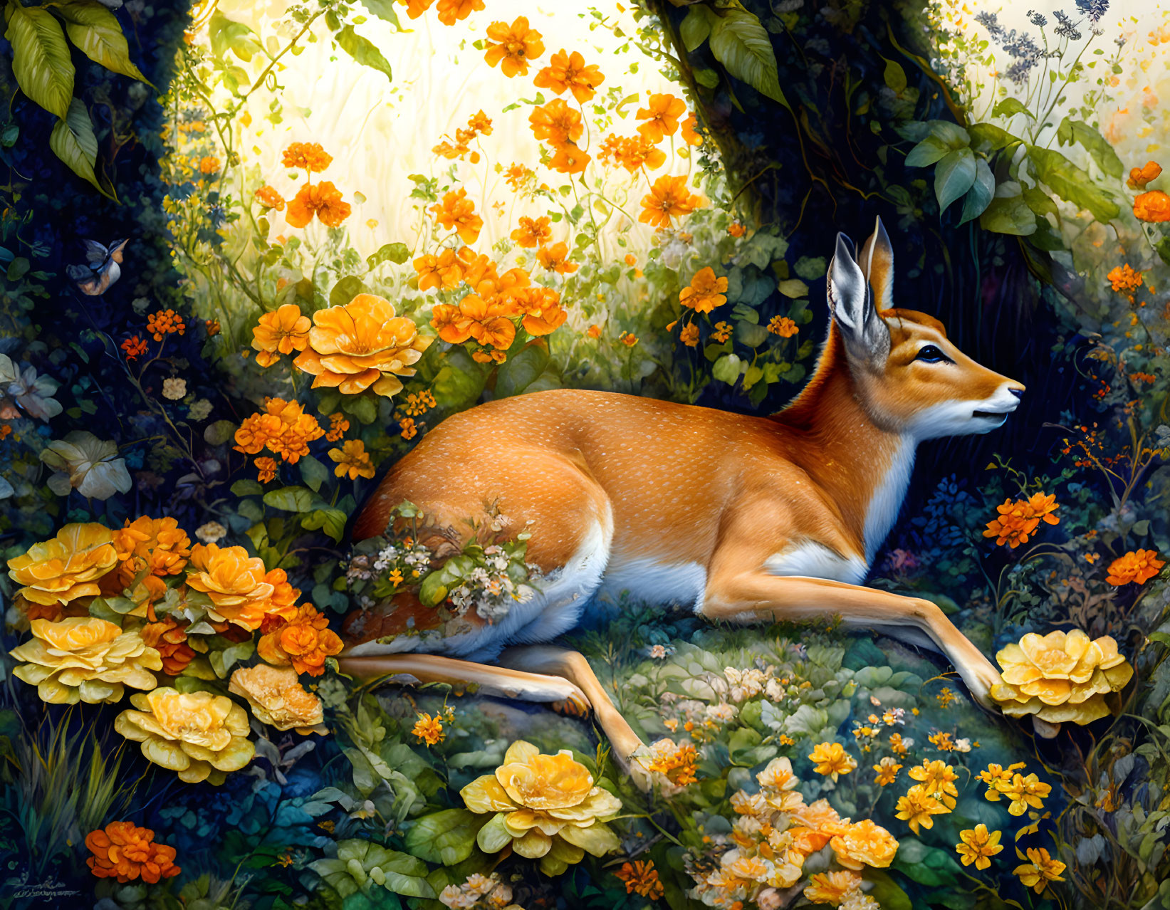 Tranquil deer surrounded by lush foliage and vibrant flowers