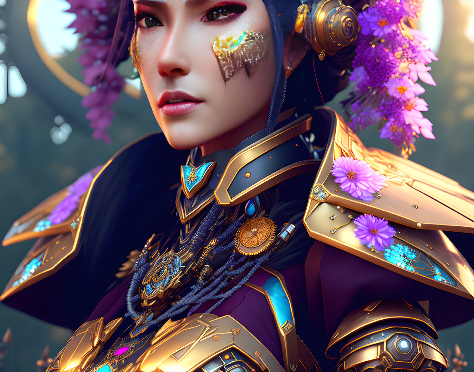 Detailed Image: Woman in Gold and Blue Armor with Floral Adornments