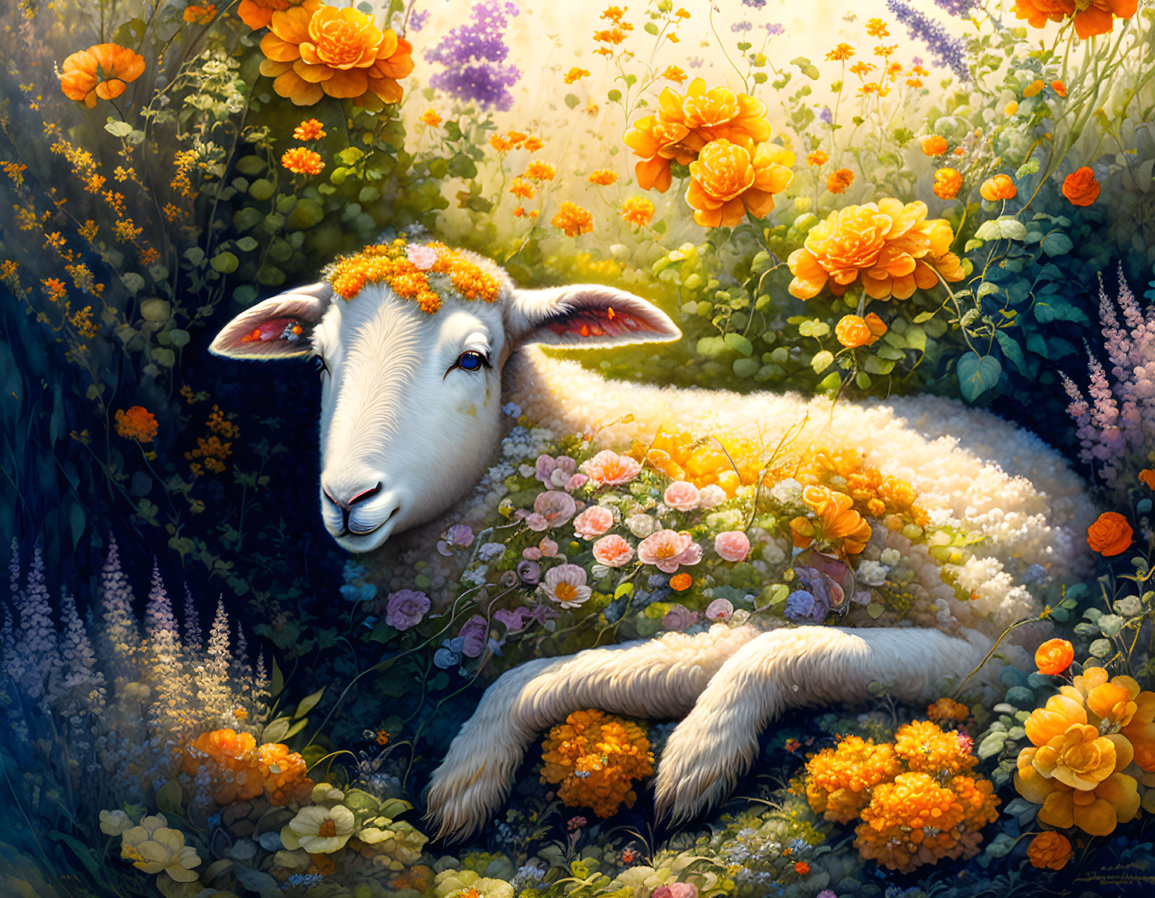 Tranquil sheep surrounded by colorful flowers in a lush garden