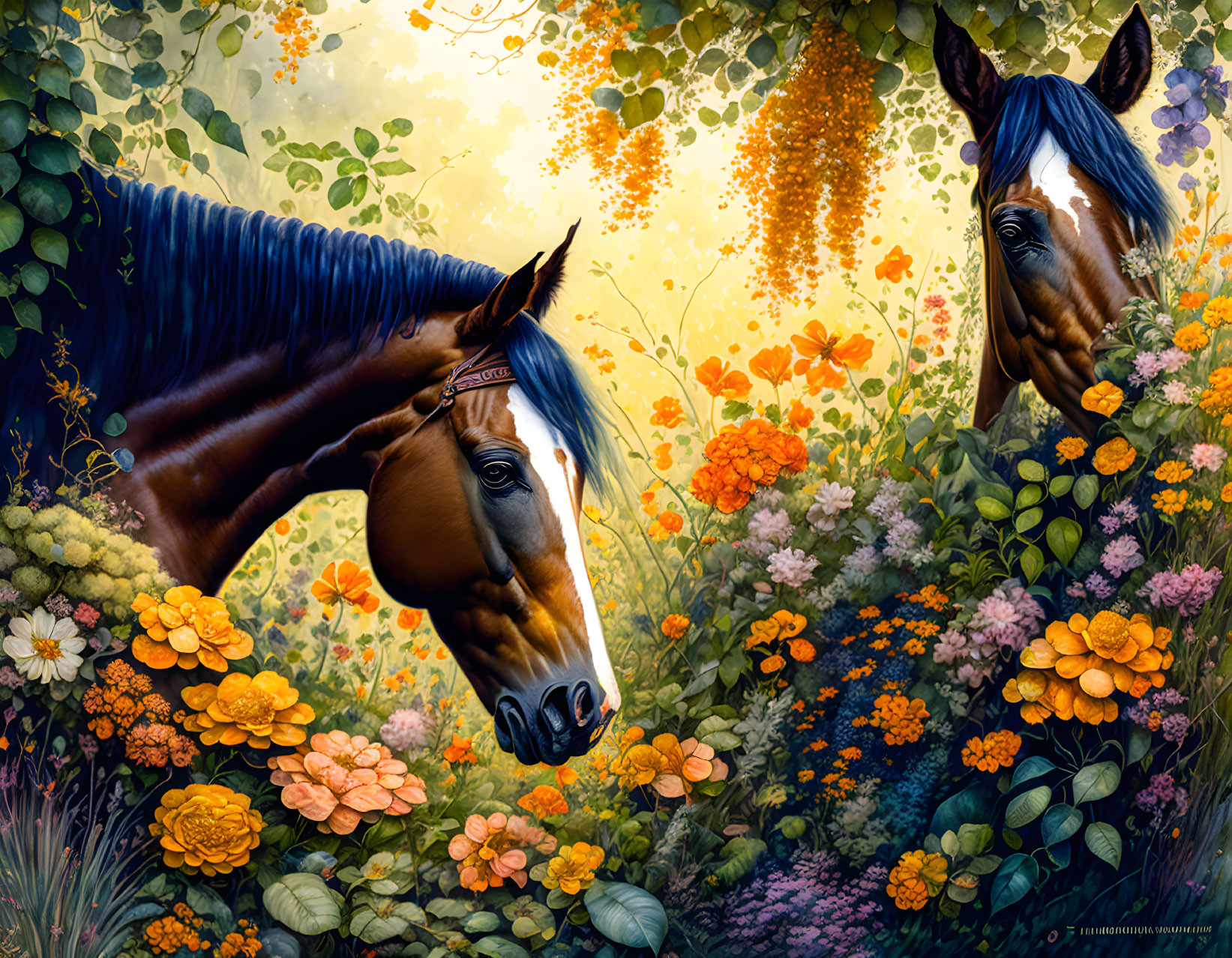 Majestic horses in vibrant forest with colorful flowers