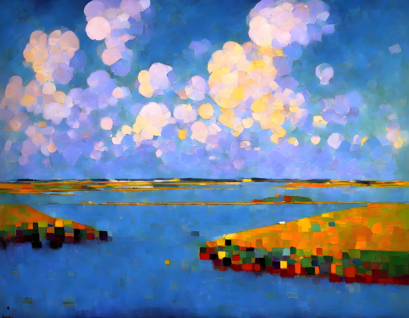 Vivid Brushstrokes in Abstract Landscape: Reflective Water, Bright Skies, Green & Yellow