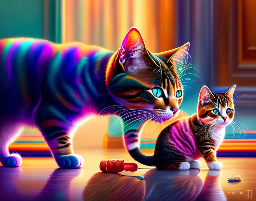 Vibrant colorful cats with blue eyes in surreal rainbow indoor setting