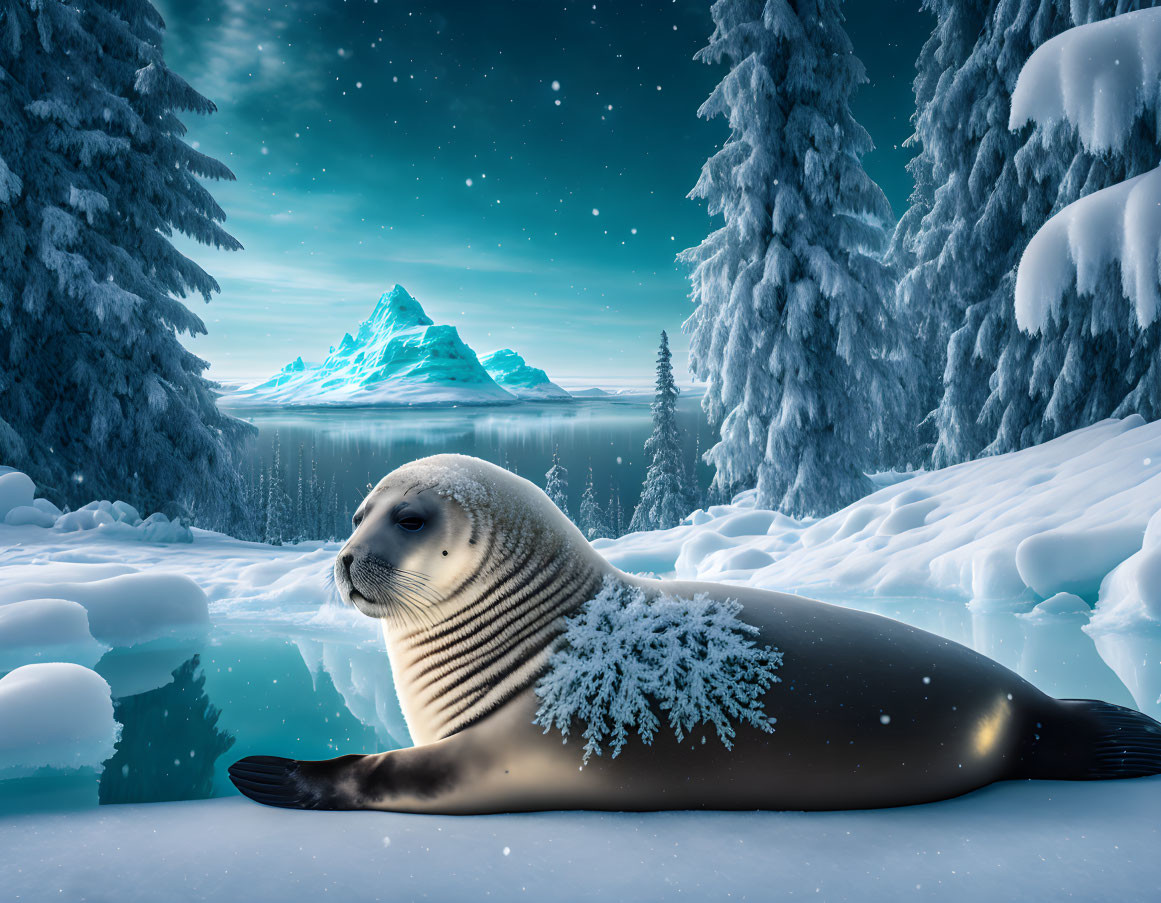 Seal resting on snowy ground by tranquil water with starry sky and snowy trees.