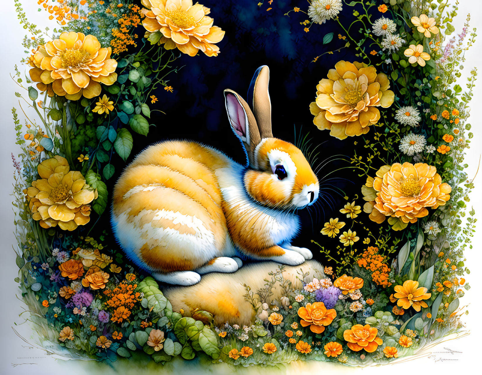 Colorful Rabbit Illustration Among Vibrant Flowers