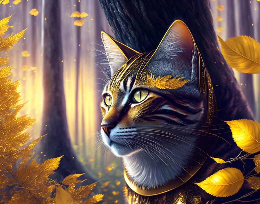 Tabby Cat Digital Artwork in Autumn Forest with Golden Leaf-like Markings