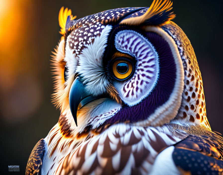 Detailed Close-Up of Vibrant Owl with Intricate Feather Patterns and Striking Yellow Eyes