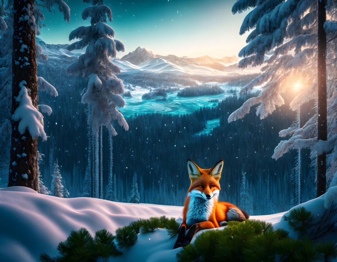 Snowy trees, blue lake, and orange fox in winter scene