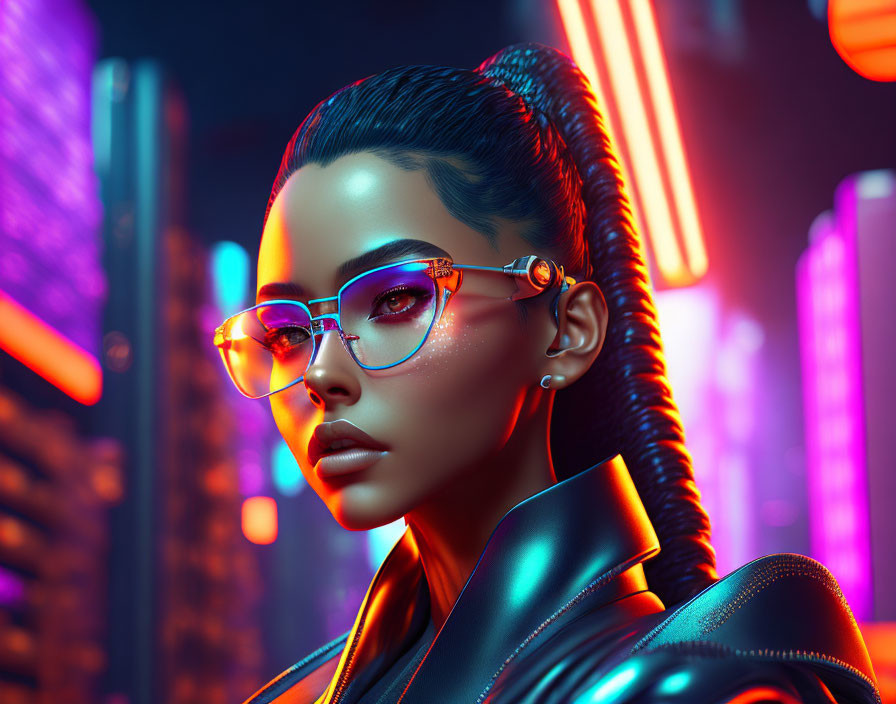 Futuristic digital artwork: Woman with sleek hair, glasses, leather jacket, neon lights