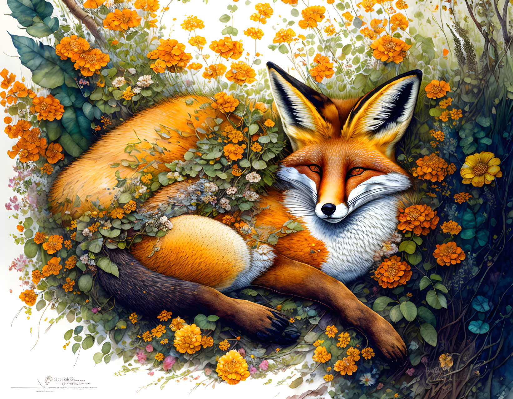 Fox in Greenery with Orange Flowers - Detailed Illustration