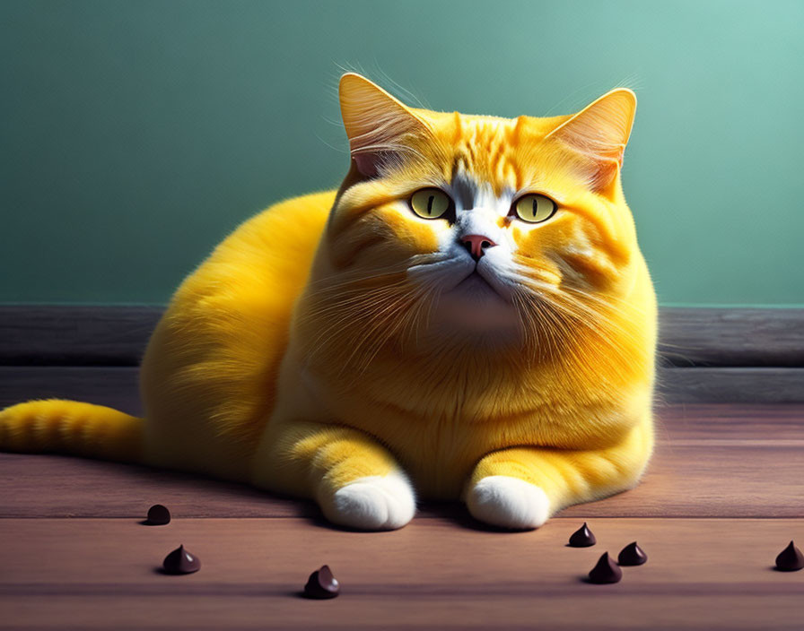 Orange Tabby Cat with Green Eyes and Chubby Physique Surrounded by Chocolate Chips