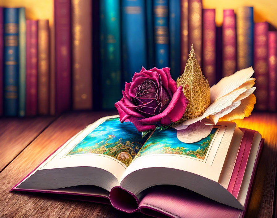 Open fantasy book with vibrant illustrations next to colorful books, pink rose, and golden crown