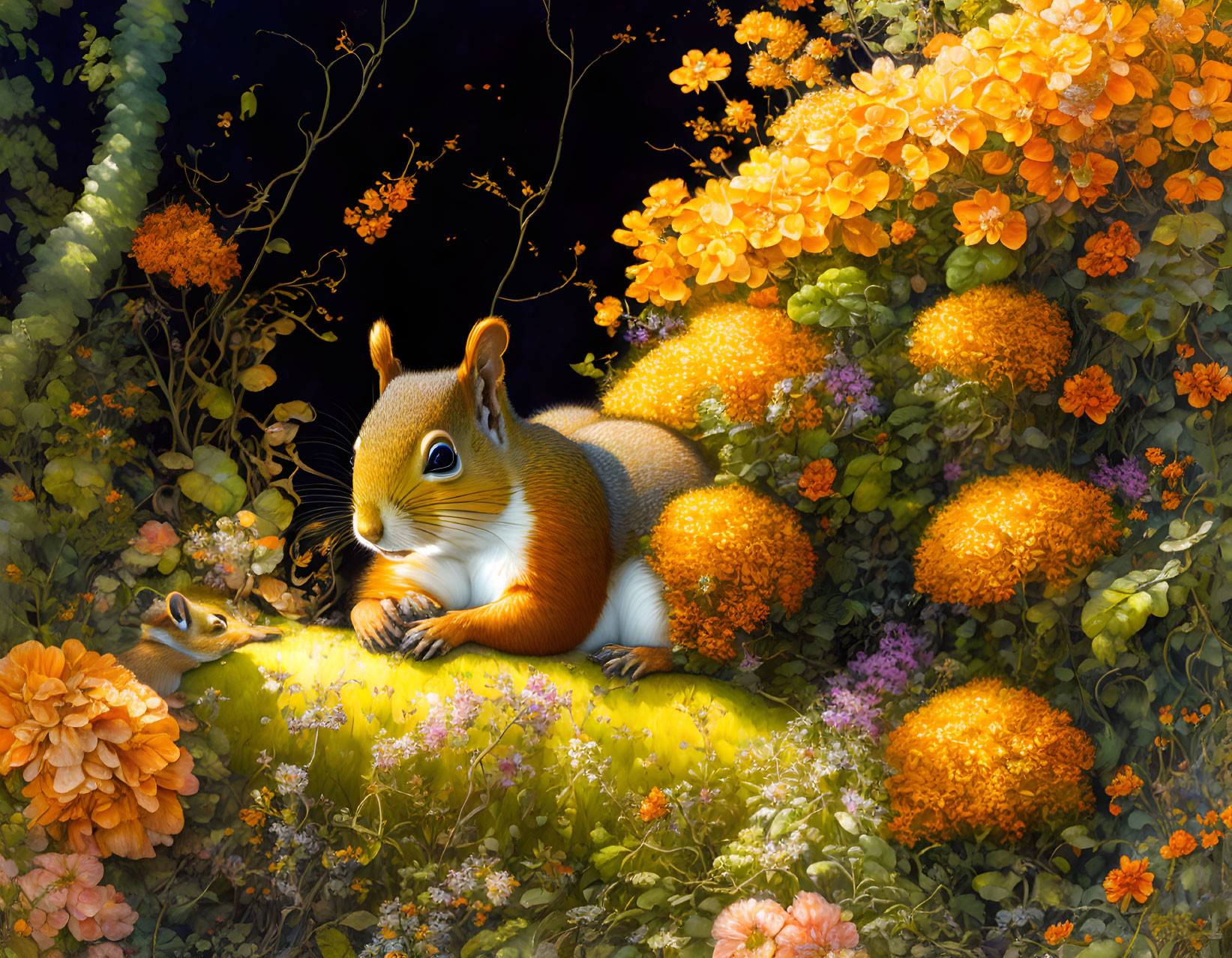 Colorful Illustration of Squirrel and Frog in Floral Setting