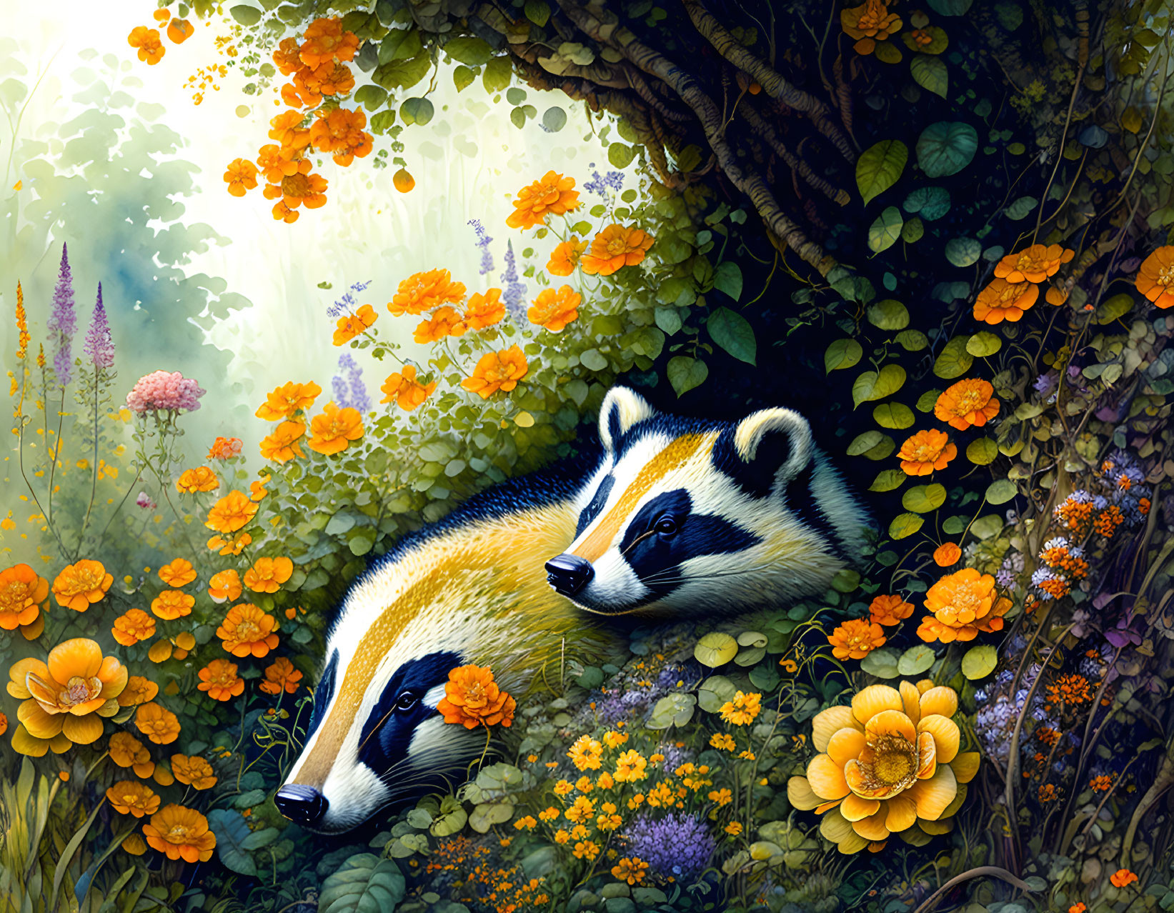 Two badgers in vibrant orange flowers and green foliage with soft glowing background.