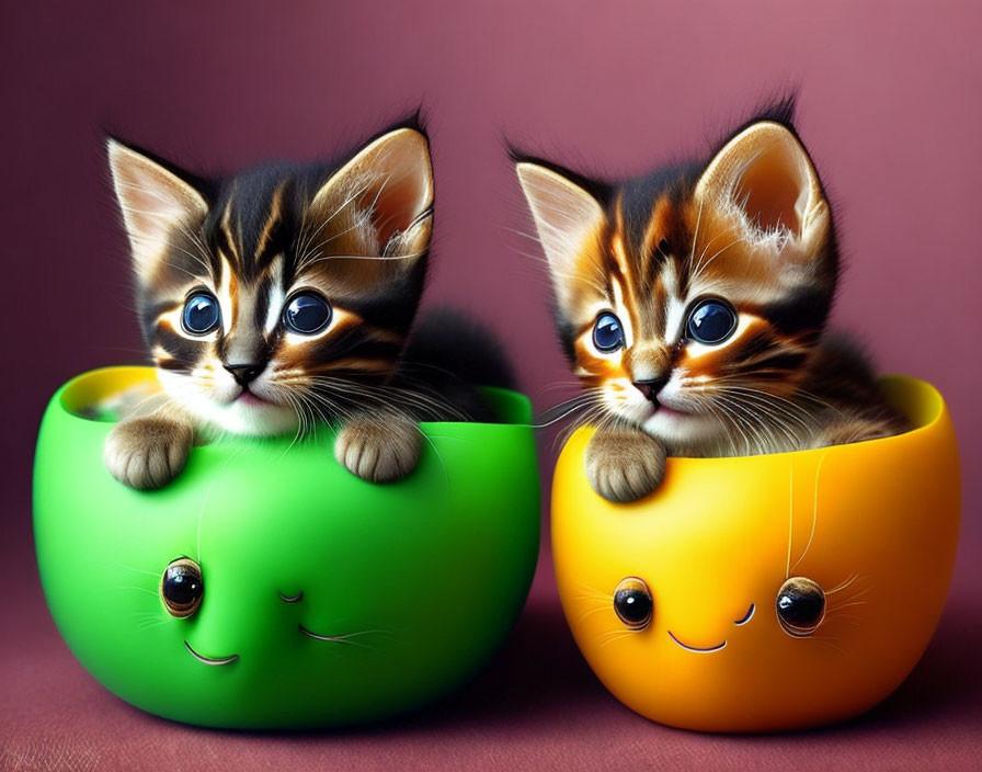 Adorable Kittens in Green and Yellow Bowls on Purple Background