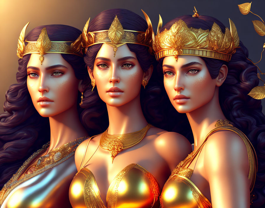 Fantasy-themed artwork of three women in golden crowns and ornate armor surrounded by golden leaves