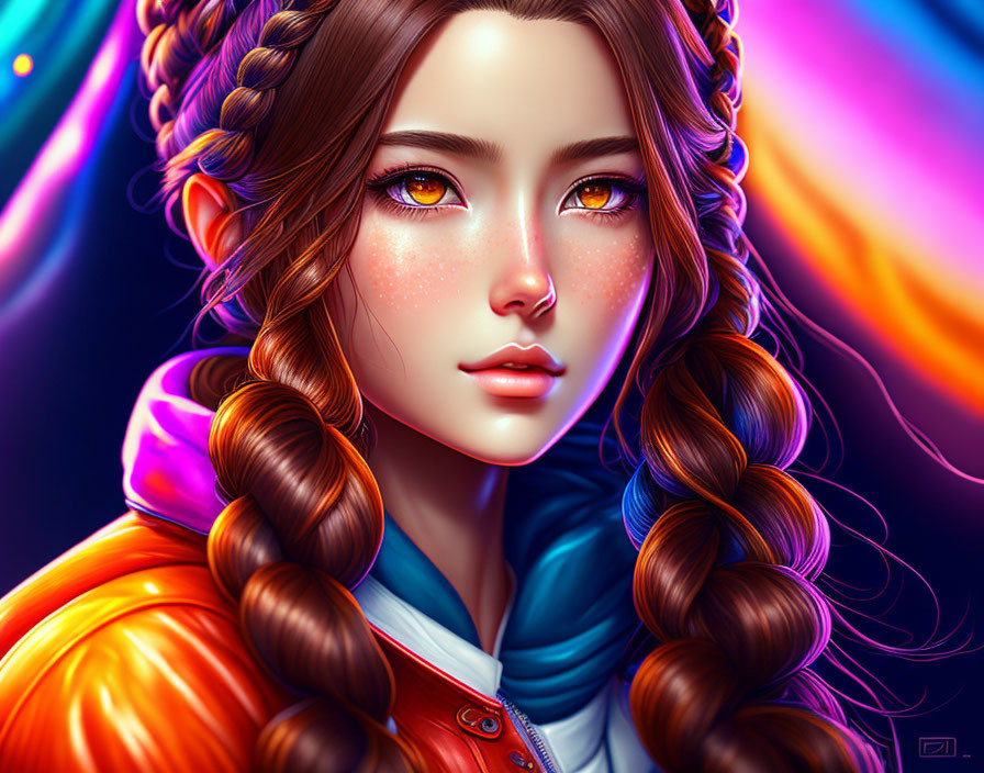 Portrait of Woman with Glowing Amber Eyes and Braided Hair in Vibrant Jacket