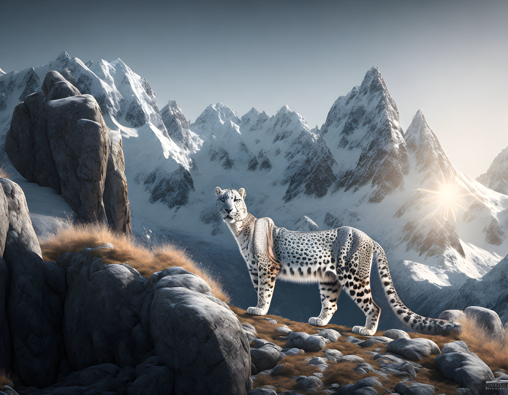 Snow leopard on rocky outcrop with snow-capped mountains and blue sky