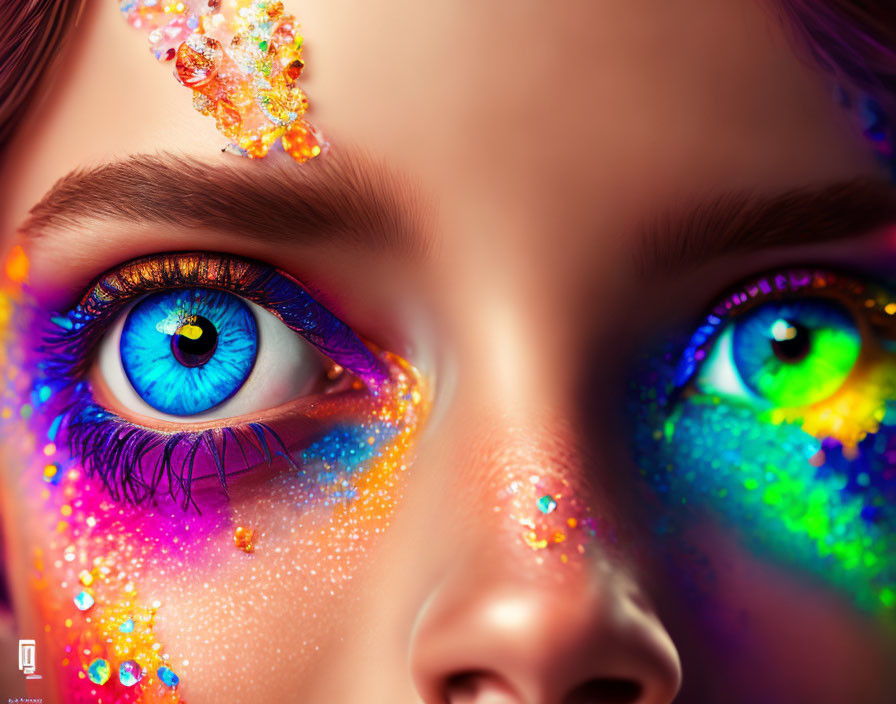 Vibrant multicolored makeup on person's face with glitter, blue and green eyes
