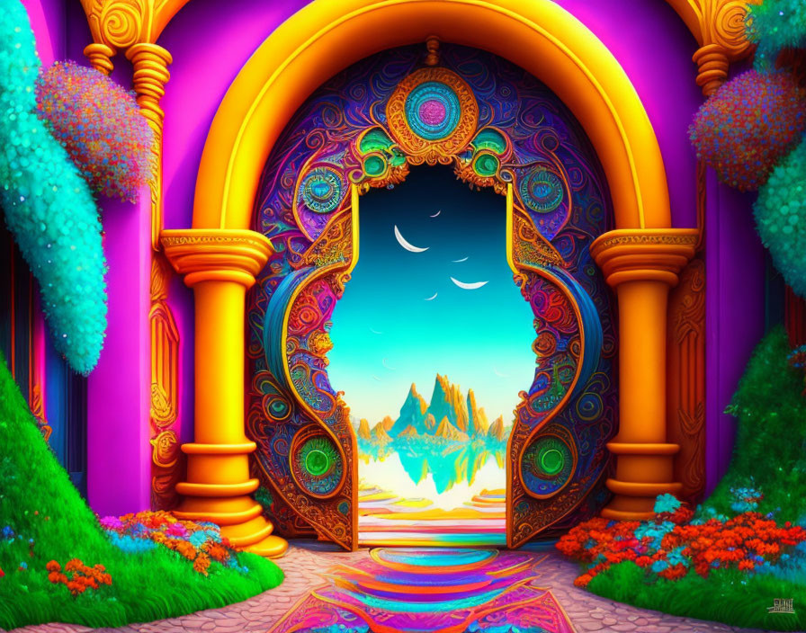 Colorful ornate doorway in vibrant fantasy landscape with distant mountains and lush gardens