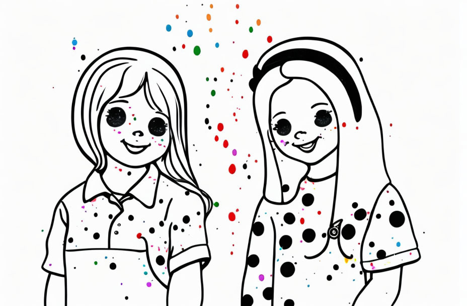 Two smiling girls in black and white line drawing with colorful confetti.