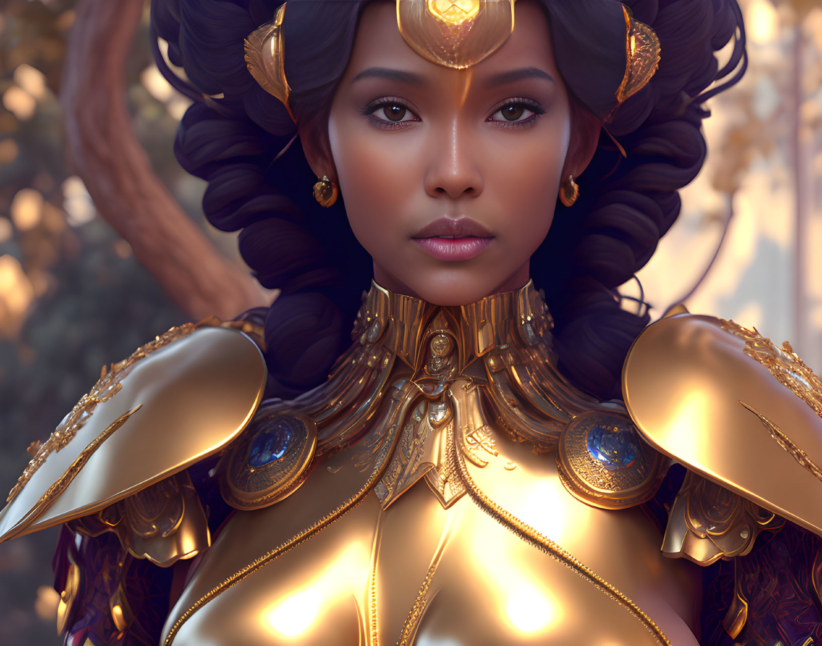 Elaborate Golden Armor Woman in 3D Rendering