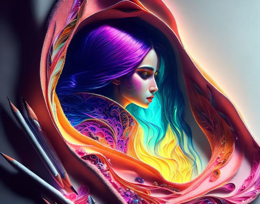 Colorful digital artwork: Woman with rainbow hair surrounded by ornate feathers in pink, purple, and