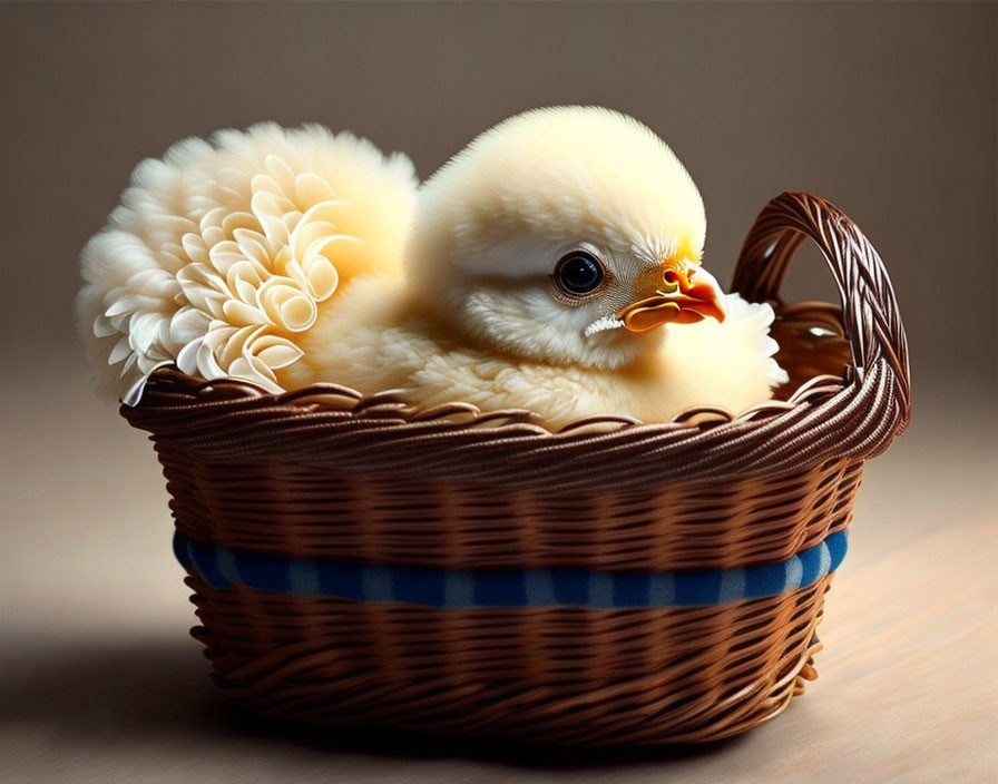 Yellow fluffy chick in wicker basket with white and beige flower embellishment