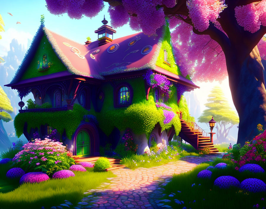 Enchanting cottage with green roof and vibrant purple flowers in fairytale setting