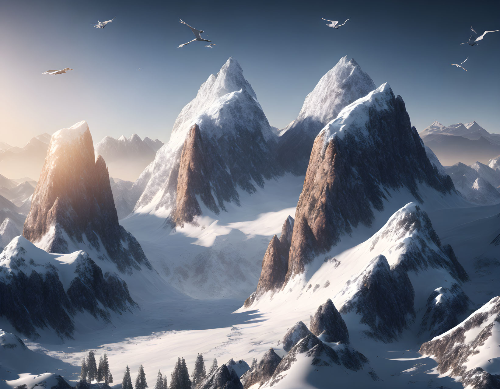 Snow-covered mountains under glowing sky with birds and serene forest.