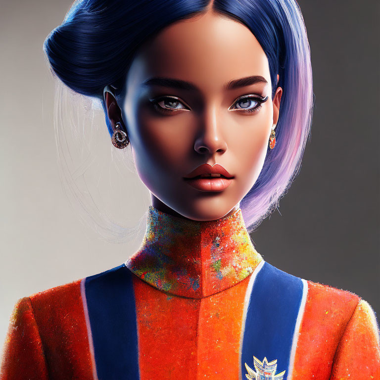 Digital portrait: Female character with blue hair, intense blue eyes, colorful high-collared outfit.