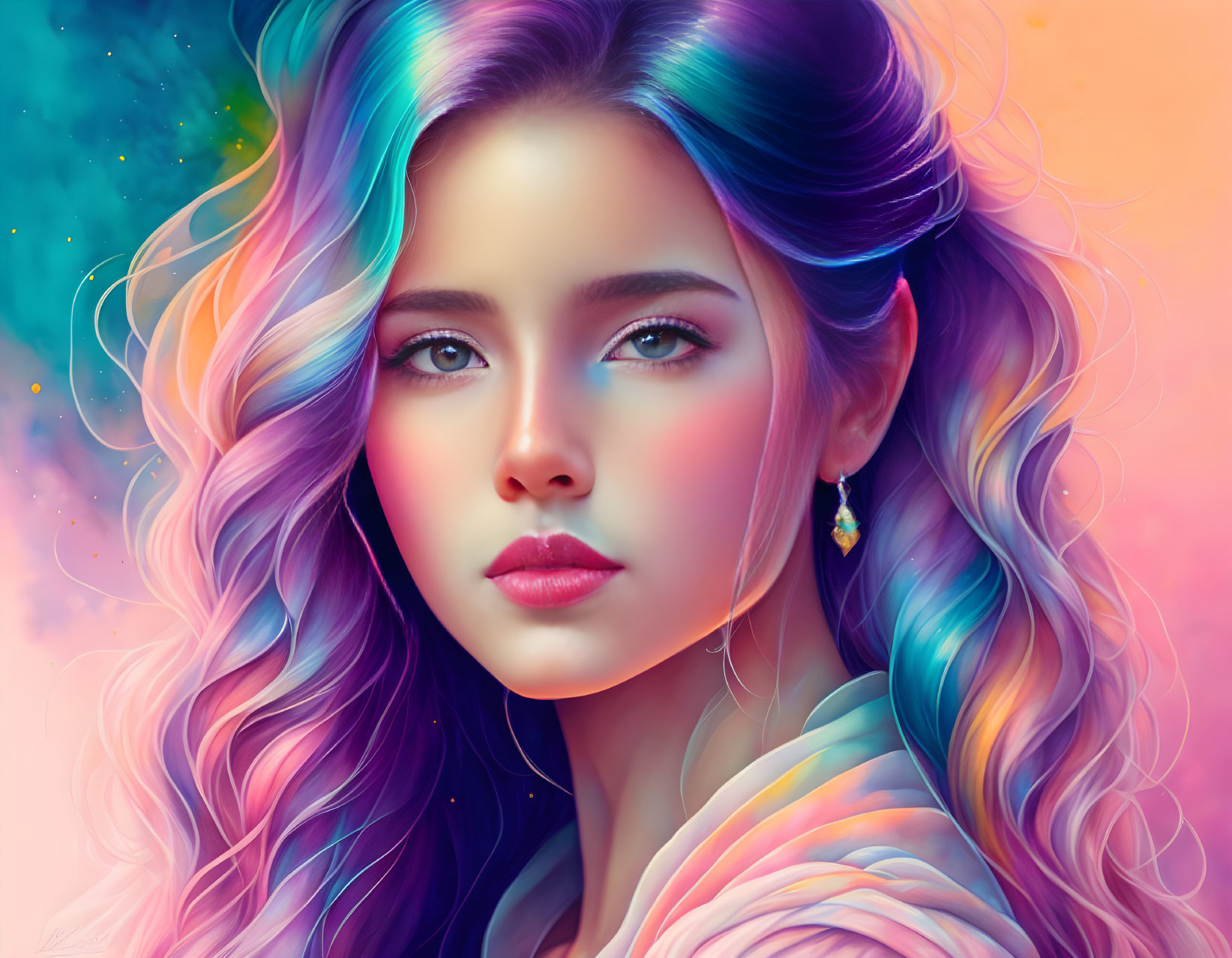 Multicolored hair digital artwork with vibrant background