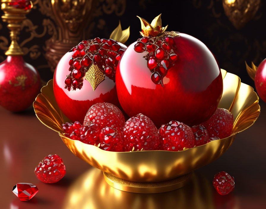 Golden Bowl with Red Spheres, Pomegranates, and Jewels on Reflective Surface