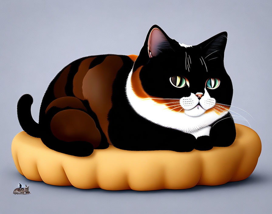 Plump black and brown cat with green eyes on yellow cushion with tiny mouse