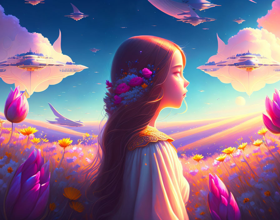 Girl with flowers in hair admires surreal sunset with floating islands and ships in vibrant flower field.