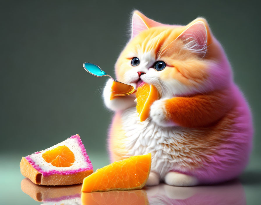 Cute Cartoon Kitten Eating Orange Slice with Spoon