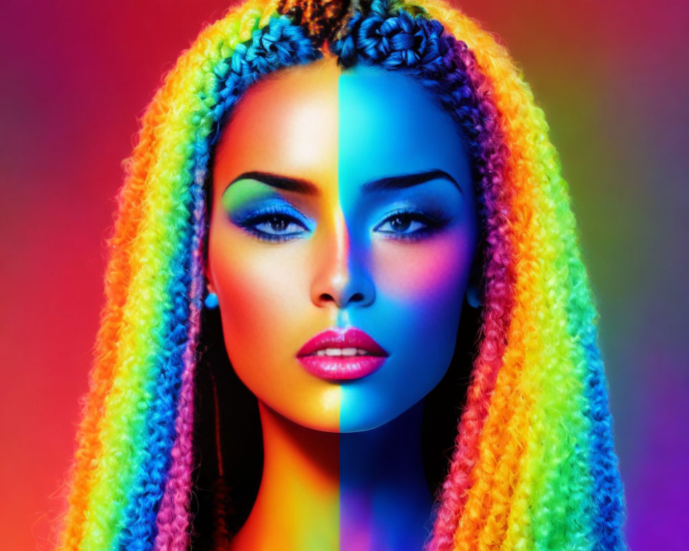 Multicolored braided hair on woman with rainbow lighting.