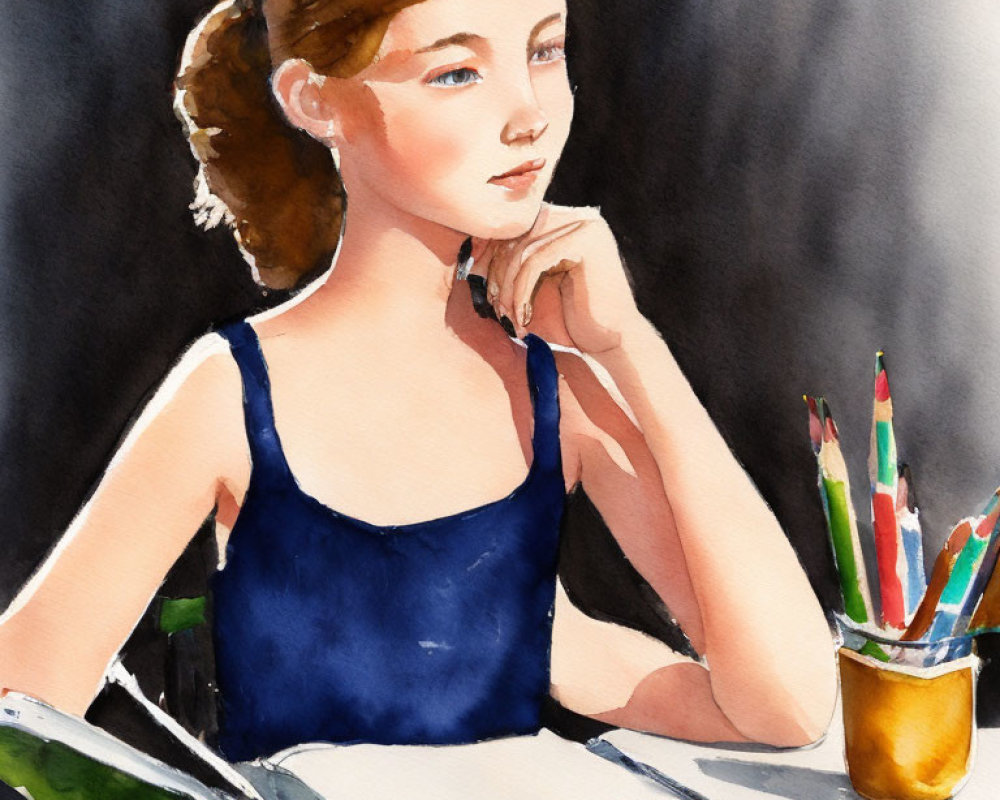 Watercolor painting of young woman with book and colored pencils