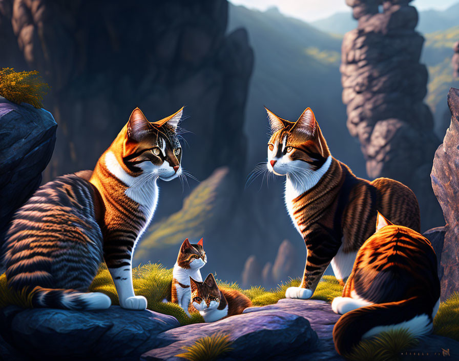 Realistic digital art: Three cats with striking markings in mountain landscape