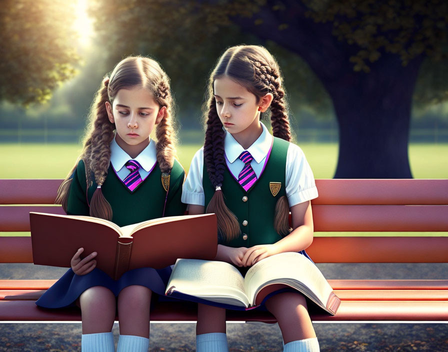 Two girls in school uniforms reading a book on a park bench