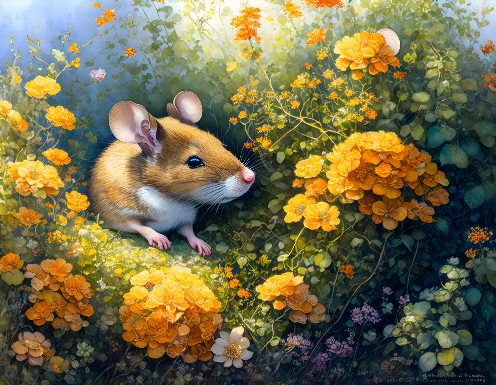 Detailed illustration of a mouse in lush floral scenery with butterflies