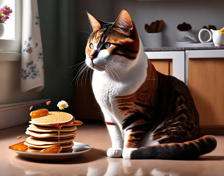 Tabby cat staring at pancakes on kitchen table