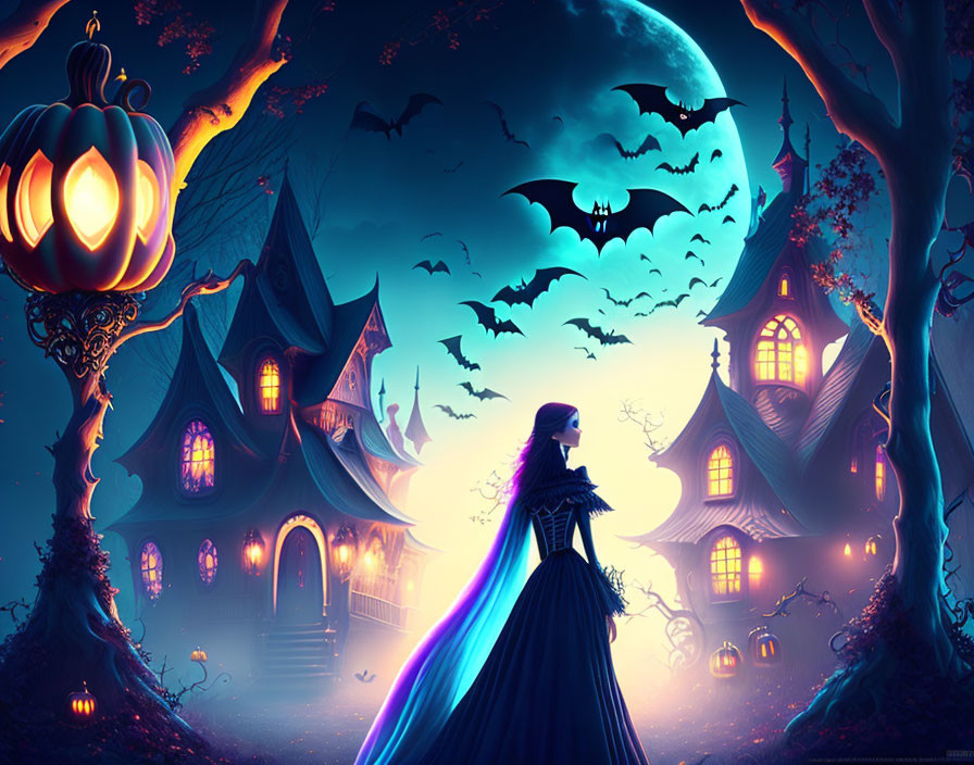 Woman in dark dress at spooky house with bats and jack-o'-lantern at twilight