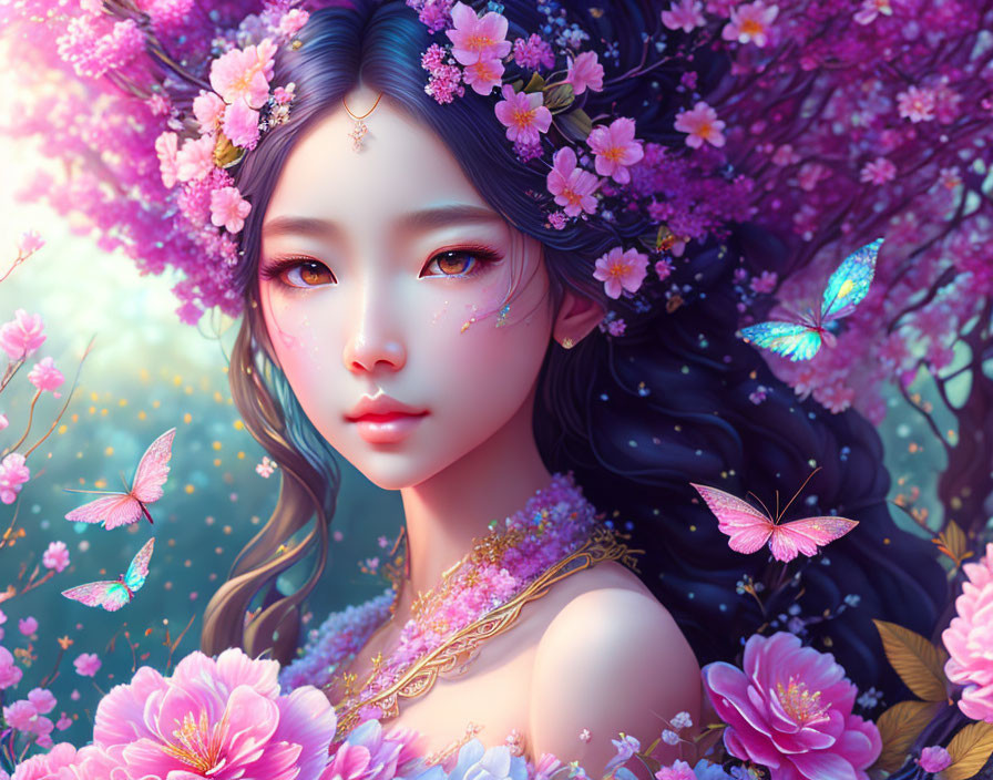 Illustrated portrait of woman with dark hair, cherry blossoms, jewelry, and butterflies
