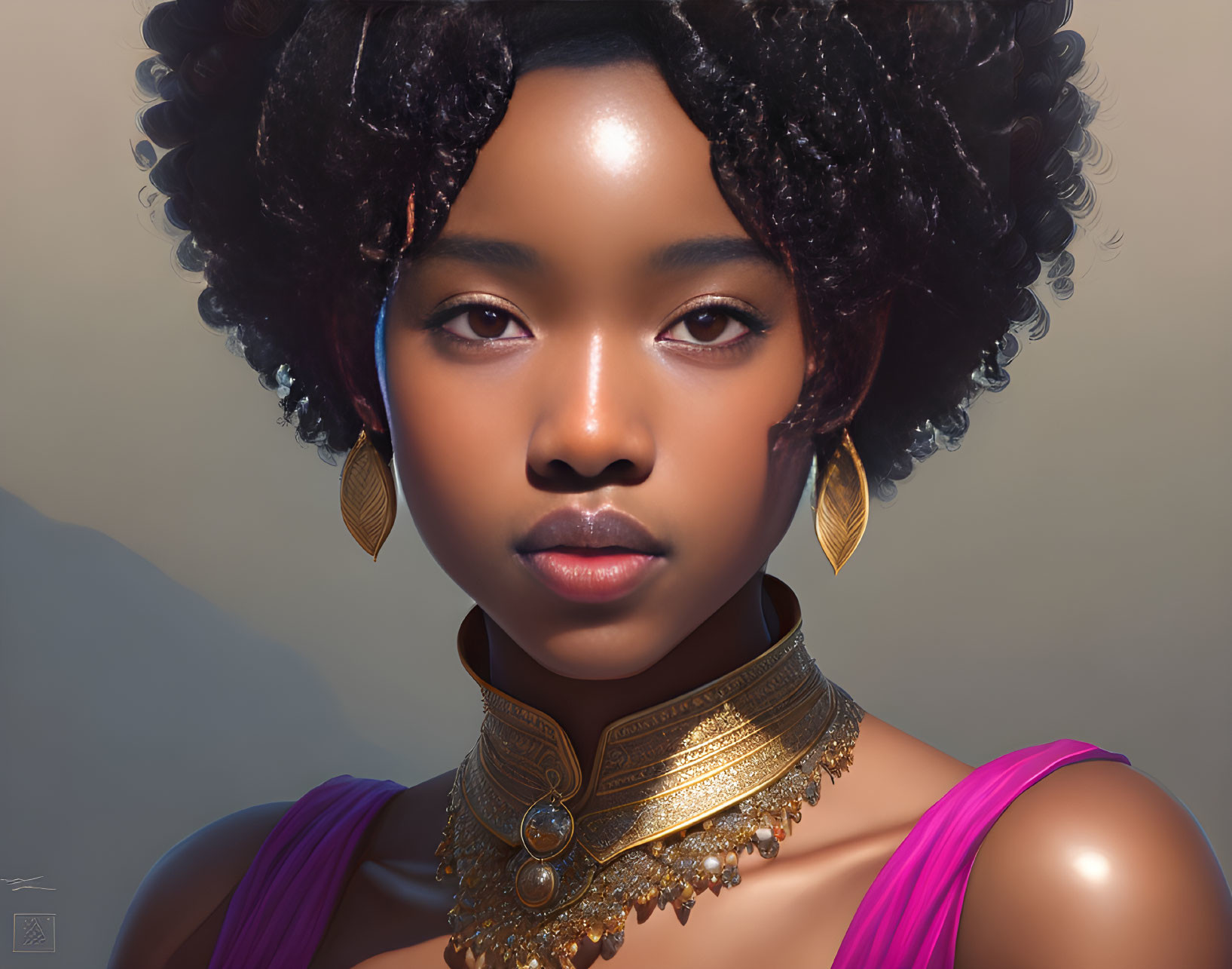 Portrait of woman with curly hair, gold earrings, choker, and pink garment.