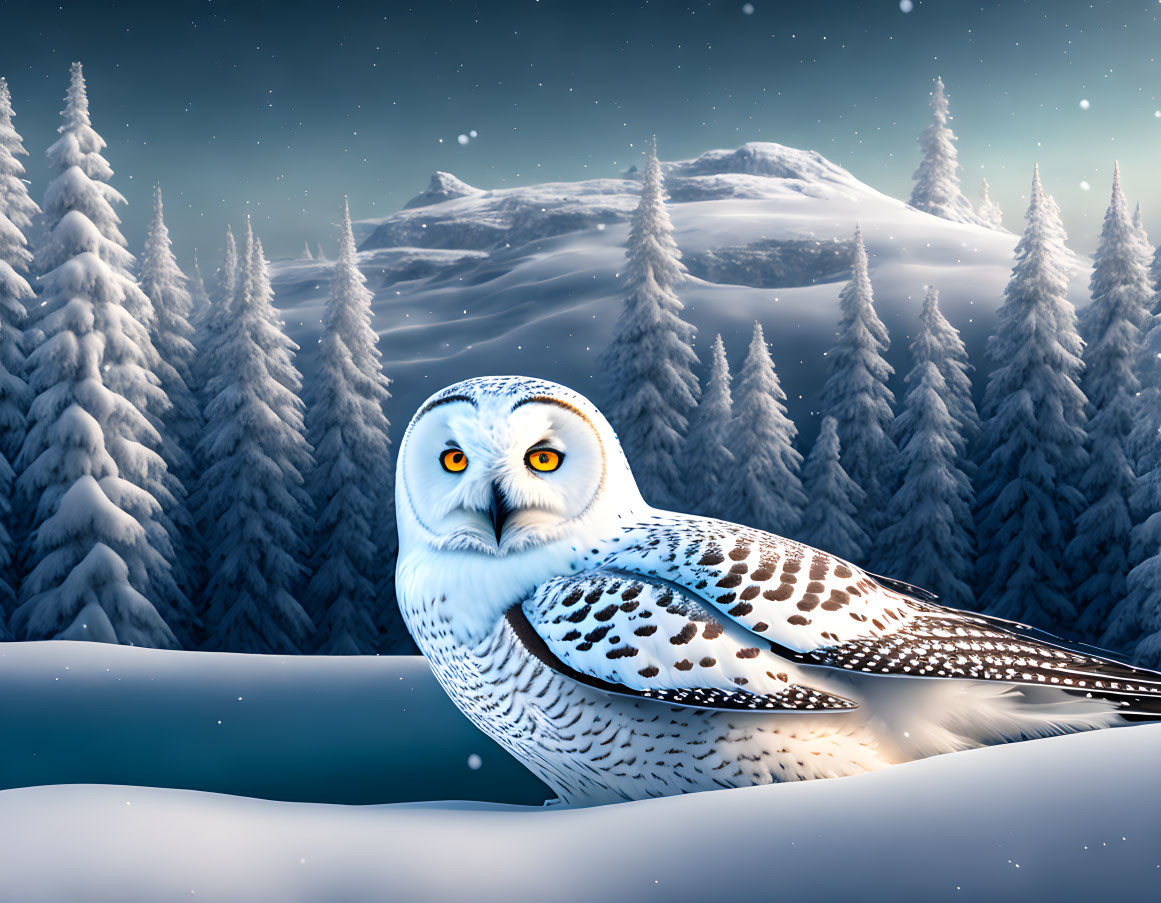 Snowy Owl Perched in Winter Forest with Mountains at Twilight