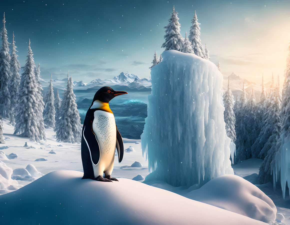 Penguin on snowy hill with pine trees and mountains at dusk