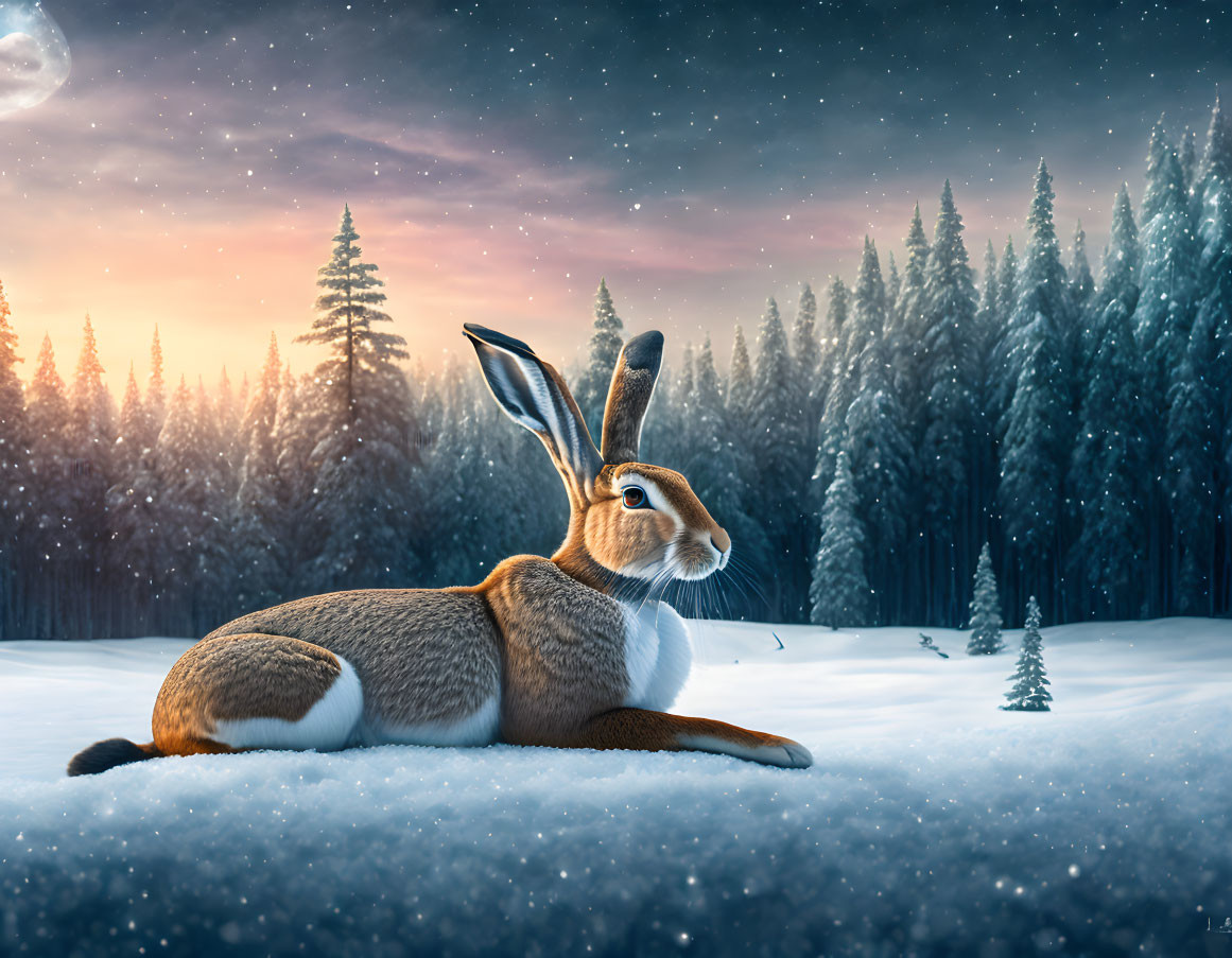 Stylized rabbit in snowy forest under crescent moon