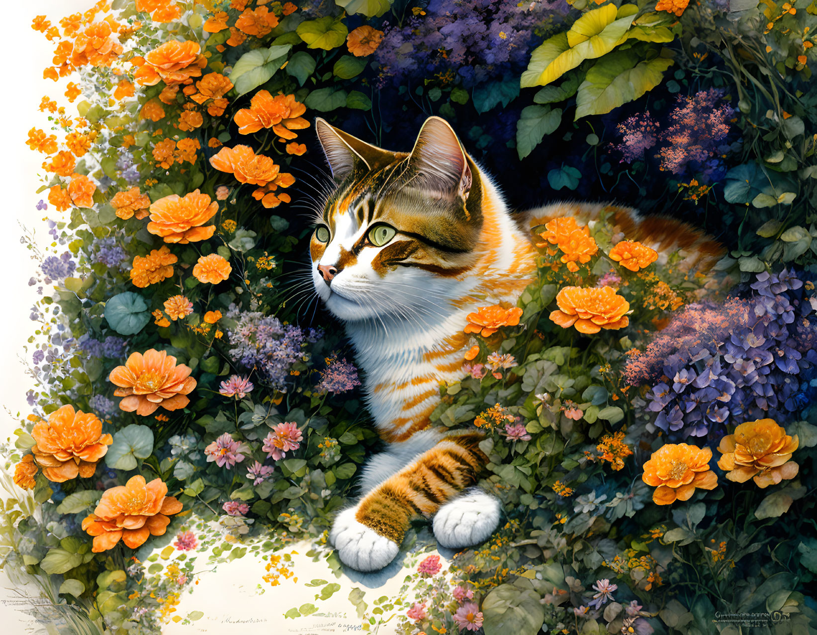 Colorful Cat Among Orange and Violet Flowers in Detailed Illustration