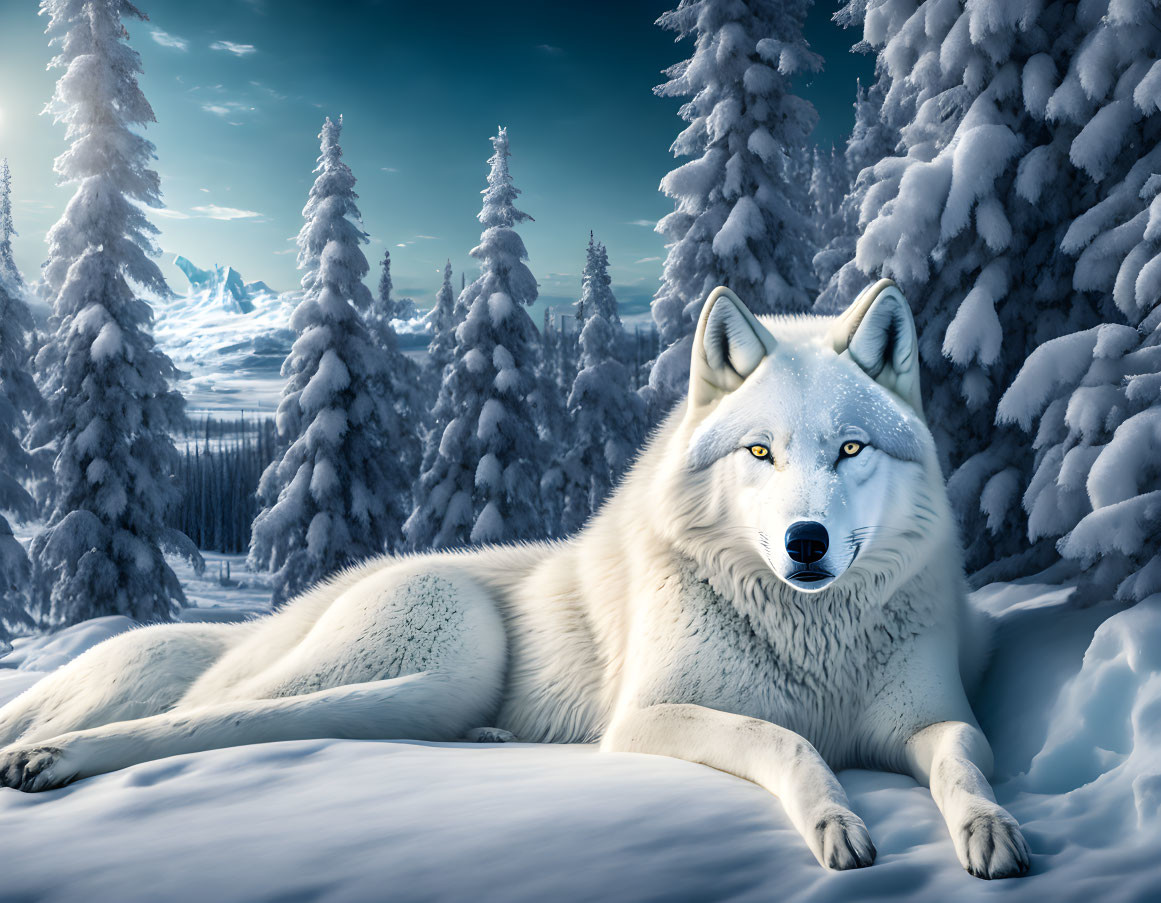 White wolf in snowy landscape with trees and mountains under blue sky